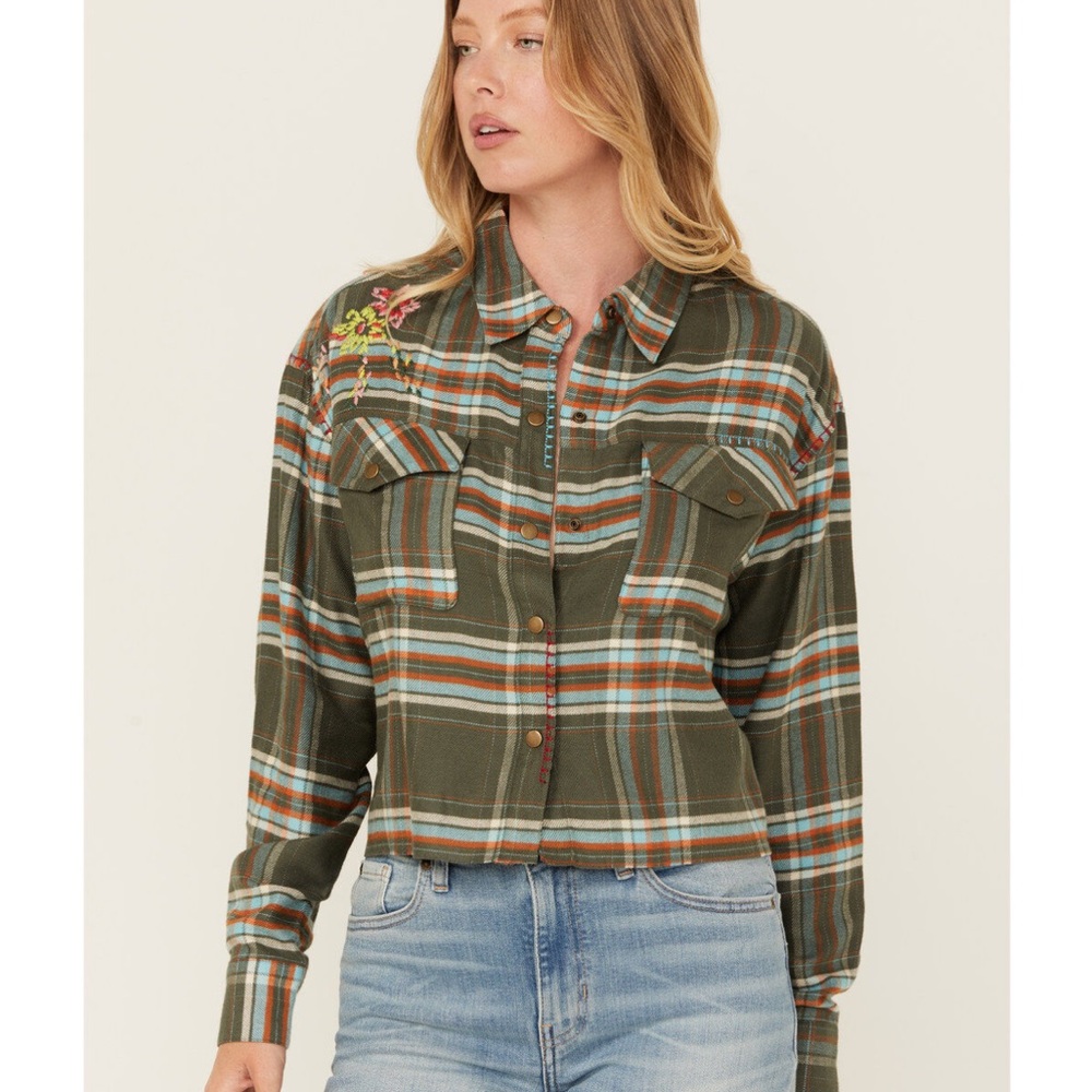 Cleo & wolf green cropped flannel
